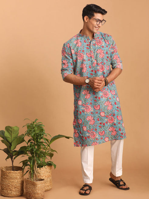 Vastramay Men's Blue And Red Floral Printed Cotton Kurta with White Pant Set