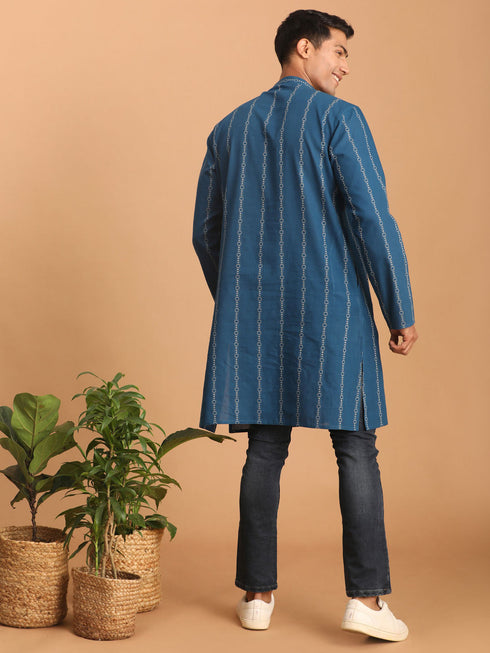 Vastramay Men's Blue denim Jacquard Kurta
