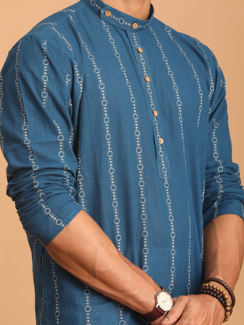 Vastramay Men's Blue denim Jacquard Kurta