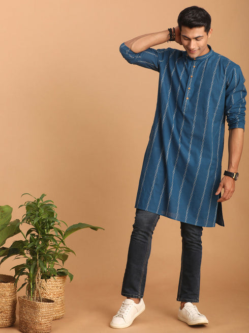 Vastramay Men's Blue denim Jacquard Kurta