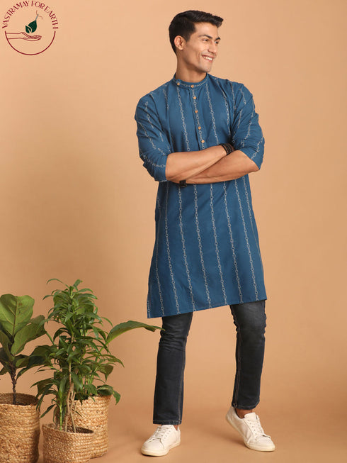 Vastramay Men's Blue denim Jacquard Kurta