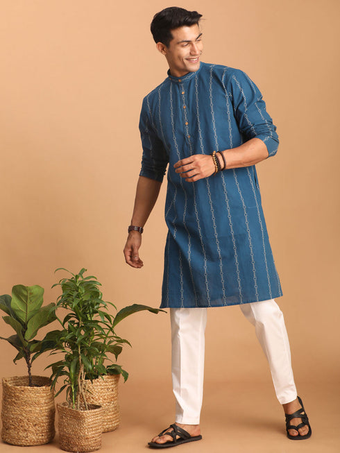 Vastramay Men's Blue denim Jacquard Kurta With White Pant Set