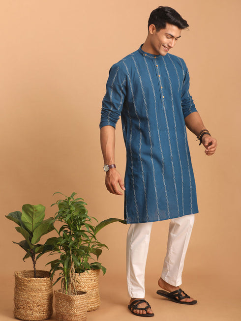 Vastramay Men's Blue denim Jacquard Kurta With White Pant Set