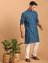 Vastramay Men's Blue denim Jacquard Kurta With White Pant Set