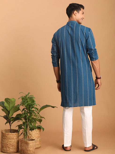 Vastramay Men's Blue denim Jacquard Kurta With White Pant Set