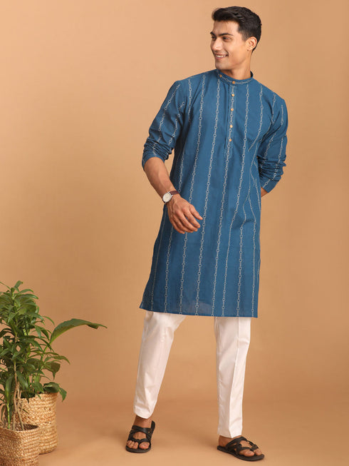 Vastramay Men's Blue denim Jacquard Kurta With White Pant Set