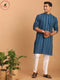 Vastramay Men's Blue denim Jacquard Kurta With White Pant Set