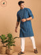 Vastramay Men's Blue denim Jacquard Kurta With White Pant Set