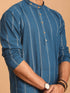 Vastramay Men's Blue denim Jacquard Kurta With White Pant Set