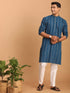 Vastramay Men's Blue denim Jacquard Kurta With White Pant Set