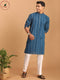 Vastramay Men's Blue denim Jacquard Kurta With White Pant Set