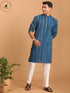 Vastramay Men's Blue denim Jacquard Kurta With White Pant Set
