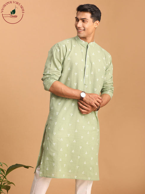Vastramay Men's Green Geometric Booti Jacquard Kurta