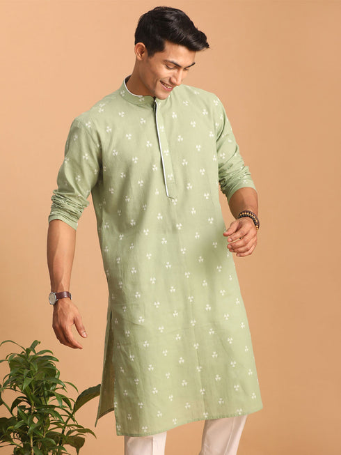 Vastramay Men's Green Geometric Booti Jacquard Kurta
