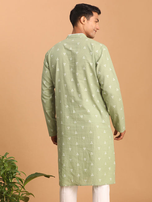 Vastramay Men's Green Geometric Booti Jacquard Kurta