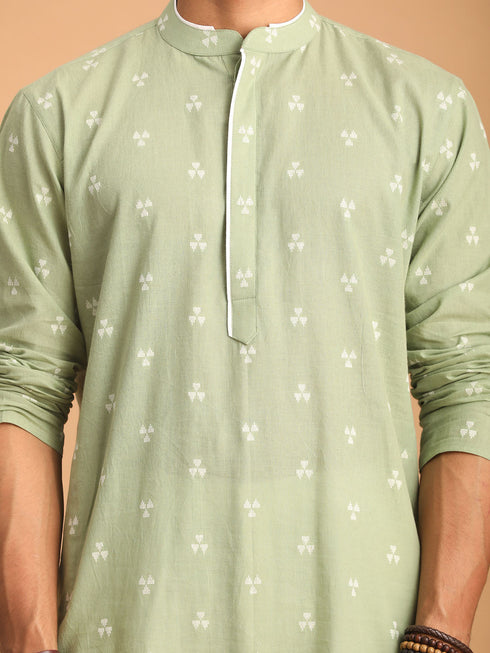 Vastramay Men's Green Geometric Booti Jacquard Kurta