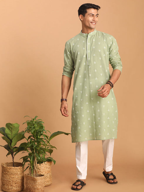 Vastramay Men's Green Geometric Booti Jacquard Kurta