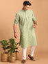 Vastramay Men's Green Geometric Booti Jacquard Kurta with White Pant Set