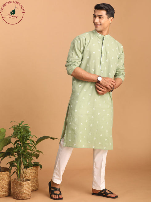 Vastramay Men's Green Geometric Booti Jacquard Kurta with White Pant Set