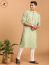 Vastramay Men's Green Geometric Booti Jacquard Kurta with White Pant Set