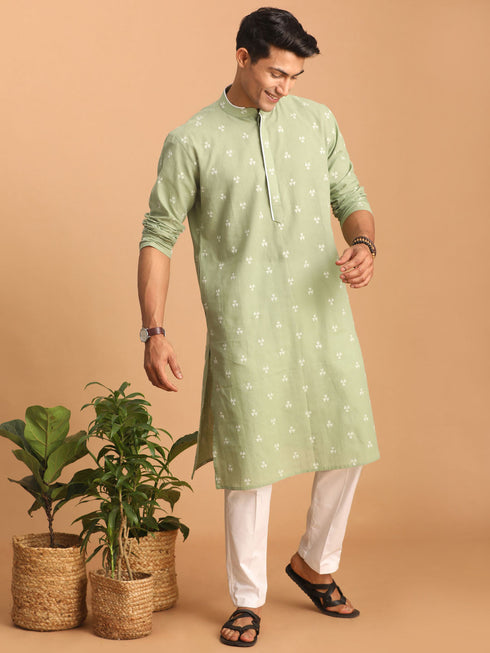 Vastramay Men's Green Geometric Booti Jacquard Kurta with White Pant Set