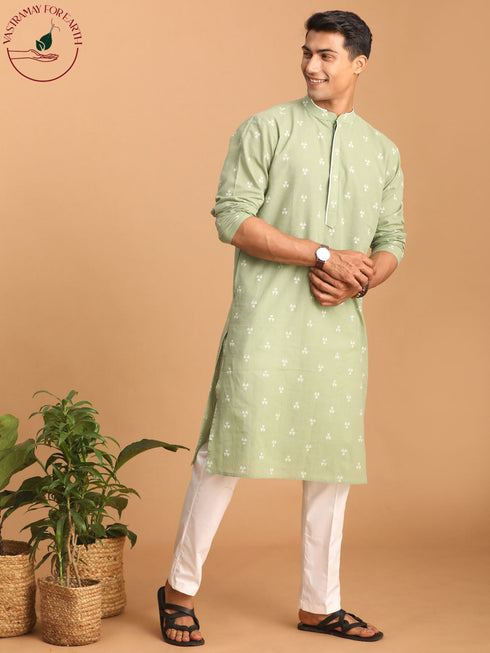 Vastramay Men's Green Geometric Booti Jacquard Kurta with White Pant Set