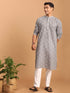 Vastramay Men's Grey Geometric Booti Jacquard Kurta with White Pant Set