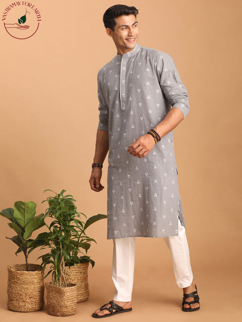Vastramay Men's Grey Geometric Booti Jacquard Kurta with White Pant Set