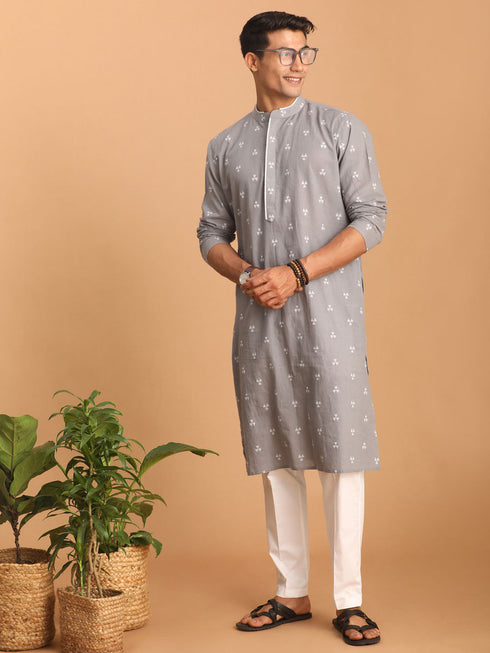 Vastramay Men's Grey Geometric Booti Jacquard Kurta with White Pant Set