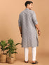 Vastramay Men's Grey Geometric Booti Jacquard Kurta with White Pant Set
