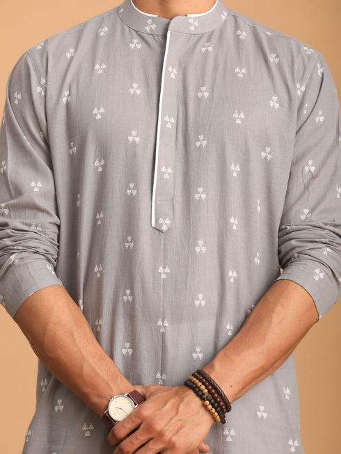 Vastramay Men's Grey Geometric Booti Jacquard Kurta with White Pant Set