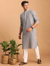 Vastramay Men's Grey Geometric Booti Jacquard Kurta with White Pant Set