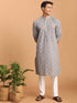Vastramay Men's Grey Geometric Booti Jacquard Kurta with White Pant Set