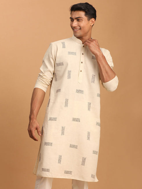 Vastramay Men's Cream Katha Stich Embroidered cotton Kurta