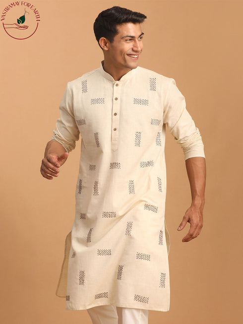 Vastramay Men's Cream Katha Stich Embroidered cotton Kurta
