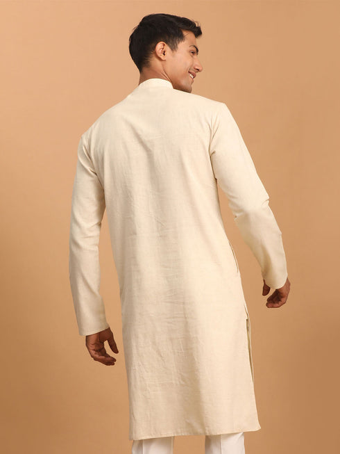 Vastramay Men's Cream Katha Stich Embroidered cotton Kurta