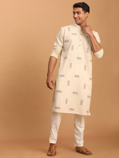 Vastramay Men's Cream Katha Stich Embroidered cotton Kurta With Cream Pant Set