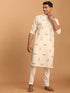 Vastramay Men's Cream Katha Stich Embroidered cotton Kurta With Cream Pant Set