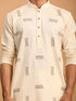 Vastramay Men's Cream Katha Stich Embroidered cotton Kurta With Cream Pant Set