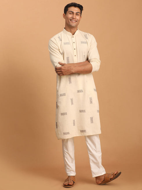 Vastramay Men's Cream Katha Stich Embroidered cotton Kurta With Cream Pant Set