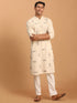 Vastramay Men's Cream Katha Stich Embroidered cotton Kurta With Cream Pant Set