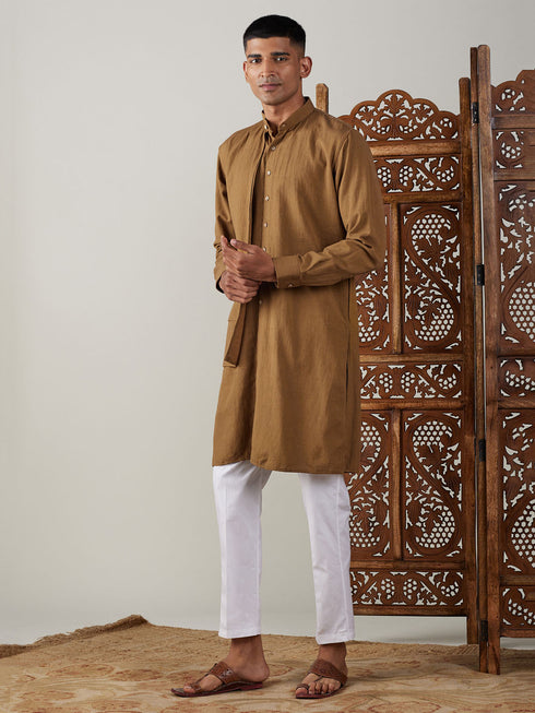 Vastramay Men's Coffee Cotton Cool Dyable Kurta with white Pant Set