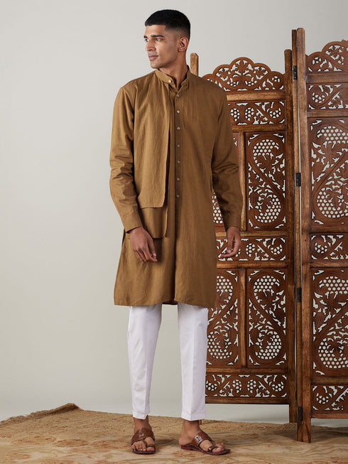 Vastramay Men's Coffee Cotton Cool Dyable Kurta with white Pant Set