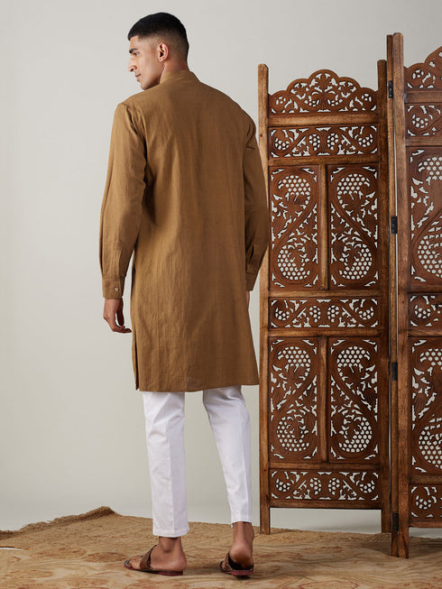 Vastramay Men's Coffee Cotton Cool Dyable Kurta with Cream Pant Set
