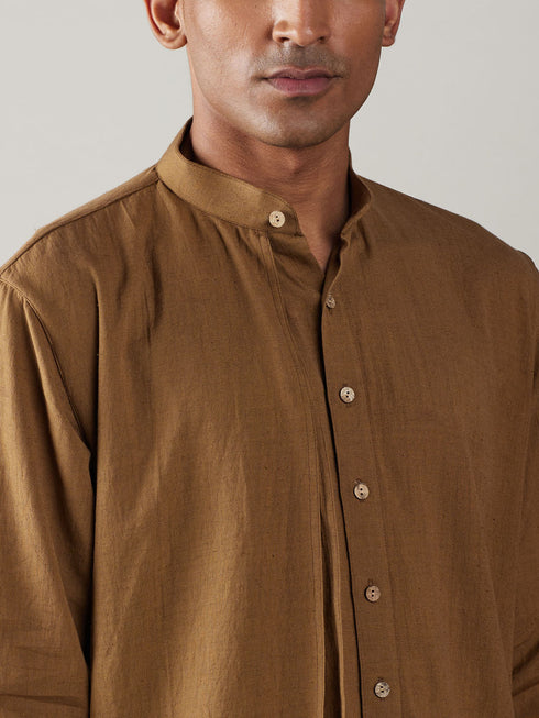 Vastramay Men's Coffee Cotton Cool Dyable Kurta with Cream Pant Set