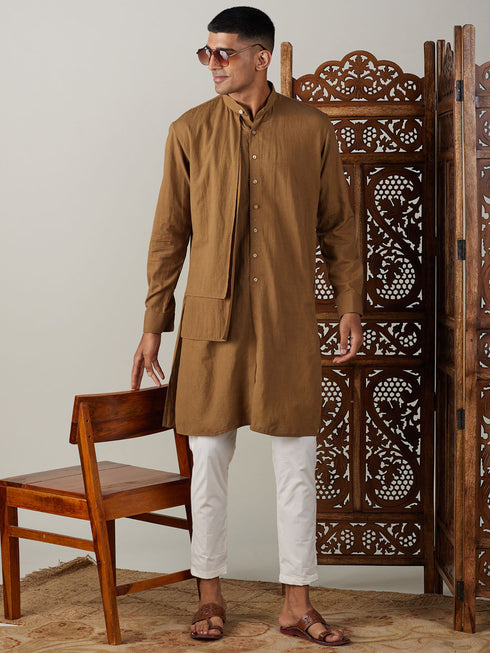 Vastramay Men's Coffee Cotton Cool Dyable Kurta with Cream Pant Set