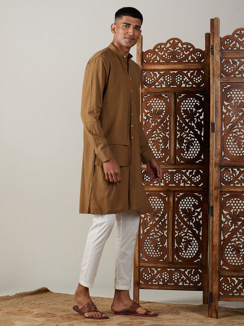 Vastramay Men's Coffee Cotton Cool Dyable Kurta with Cream Pant Set