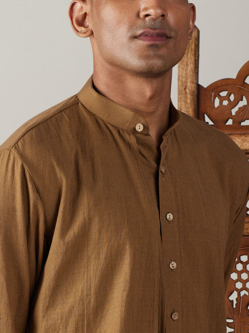 Vastramay Men's Coffee Cotton Cool Dyable Kurta with Cream Pant Set