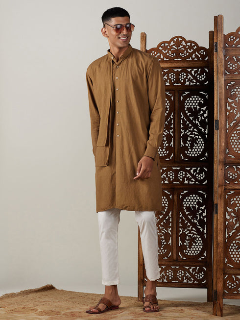 Vastramay Men's Coffee Cotton Cool Dyable Kurta with Cream Pant Set