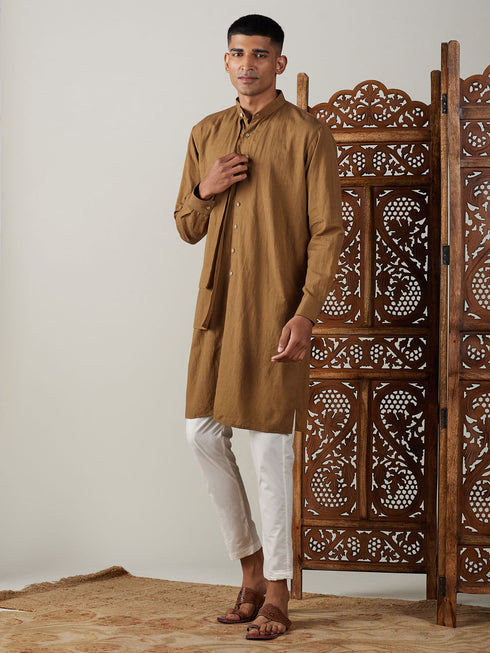 Vastramay Men's Coffee Cotton Cool Dyable Kurta with Cream Pant Set